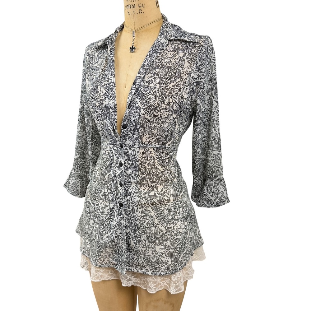 Whimsygoth Paisley Sheer Button Up Top Flare Sleeves Dark Romantic Indie Size M - Picture 3 of 8